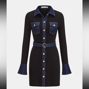 Commense Black Ribbed Knit Shirt Dress with Indigo Denim Trim